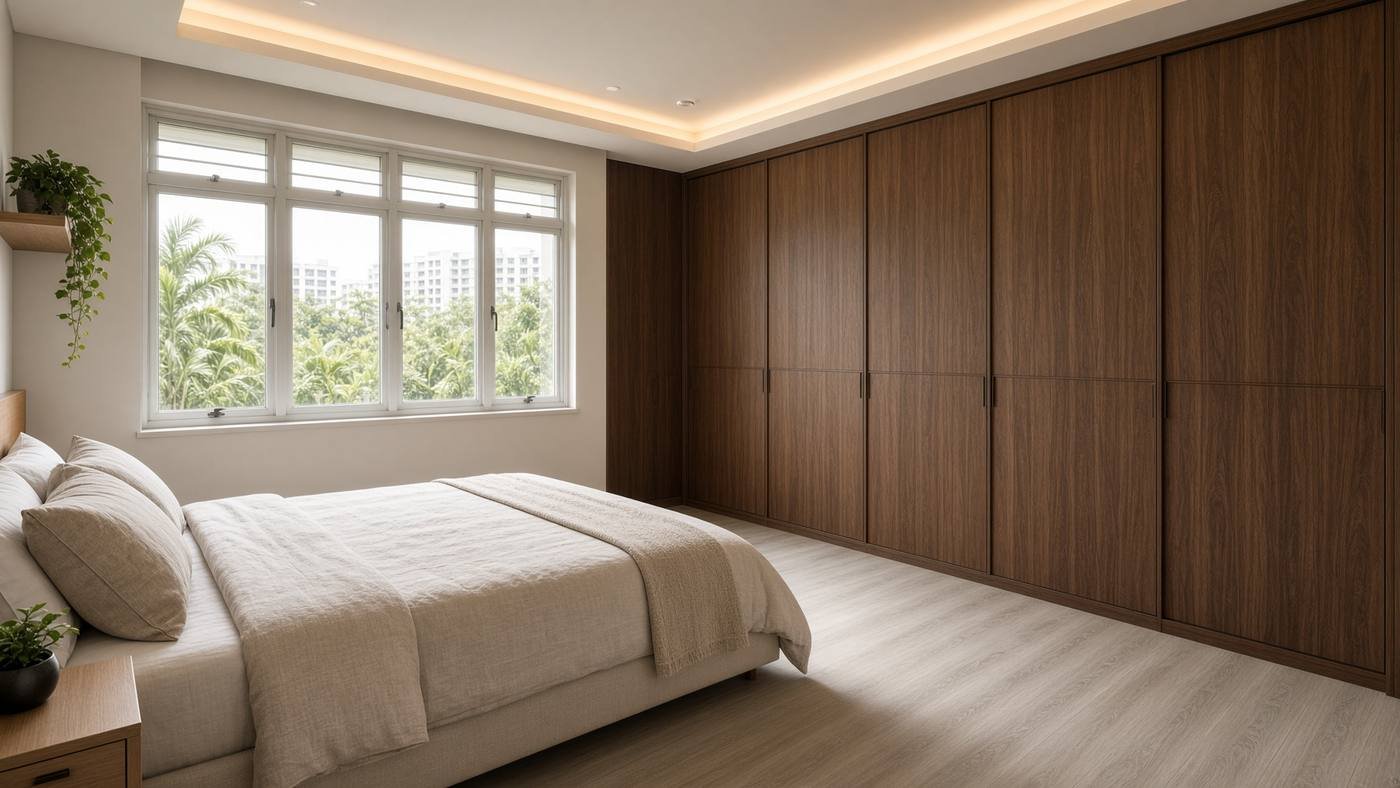 Singapore HDB bedroom with floor-to-ceiling walnut wardrobe carpentry