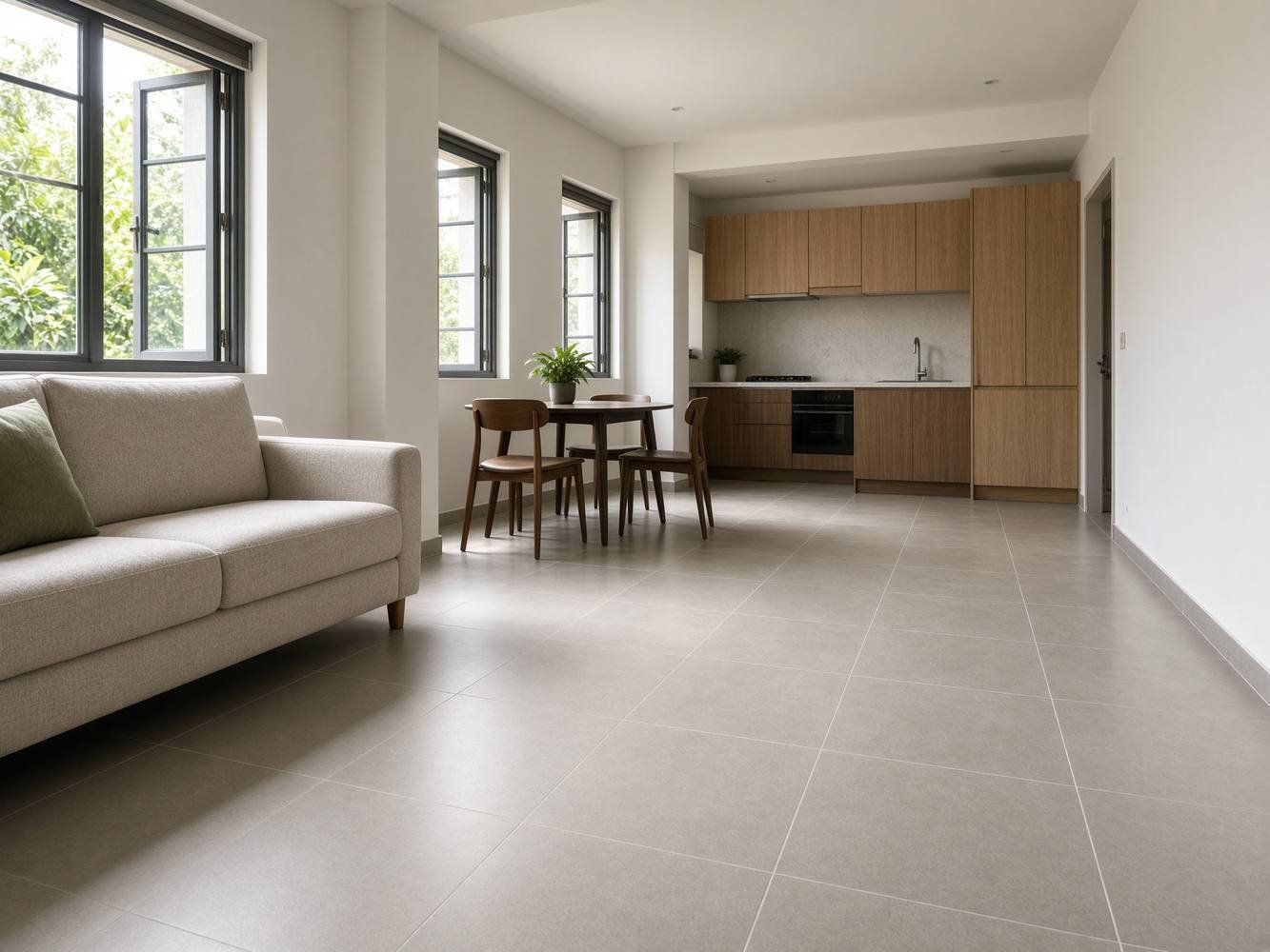 Large-format porcelain flooring with aligned grout in a Singapore apartment