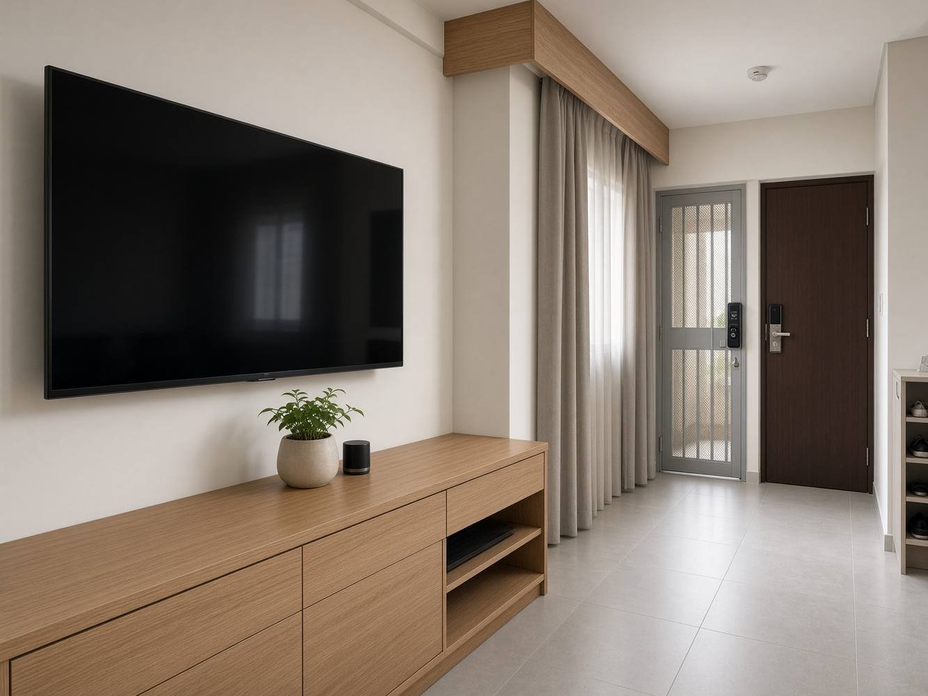 Singapore HDB living room after practical maintenance and TV mounting