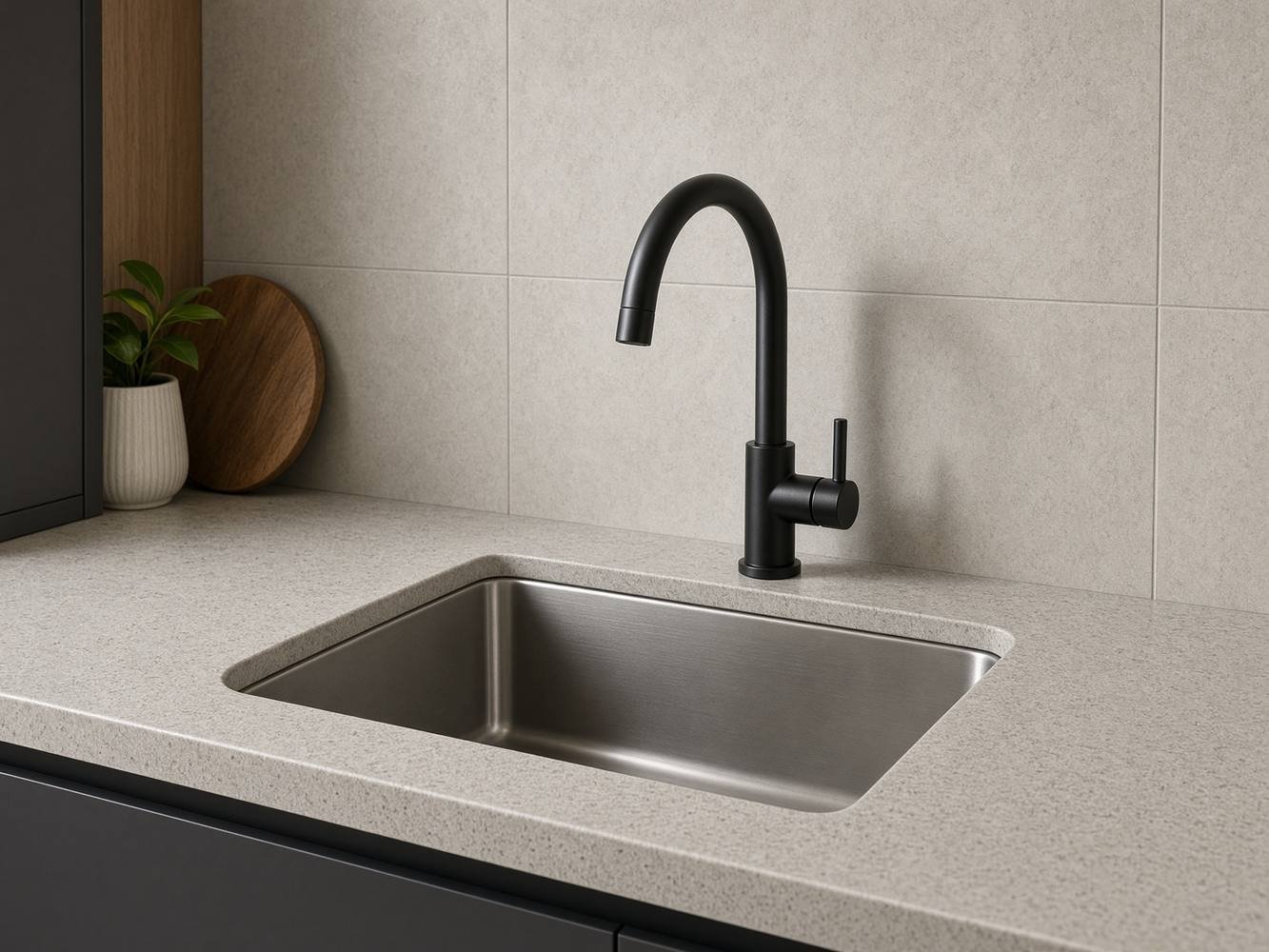 Matte black kitchen mixer tap on quartz countertop in a Singapore kitchen